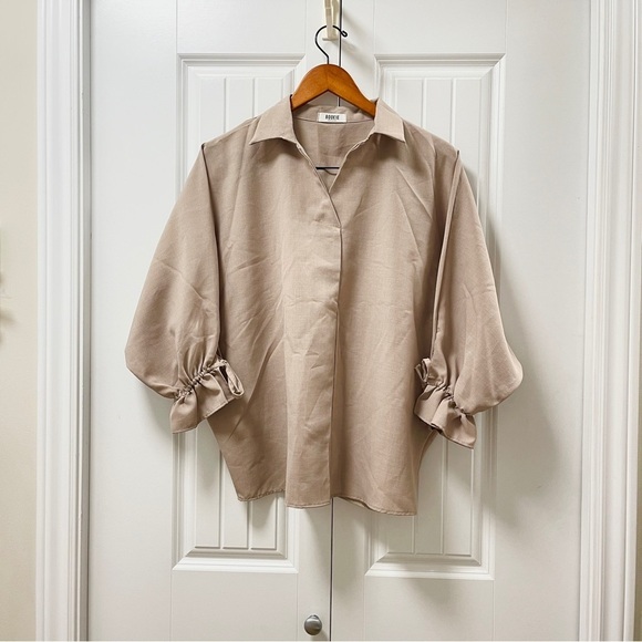 Vintage Tops - Rookie Beige Collared Blouse with Tied Cuffs